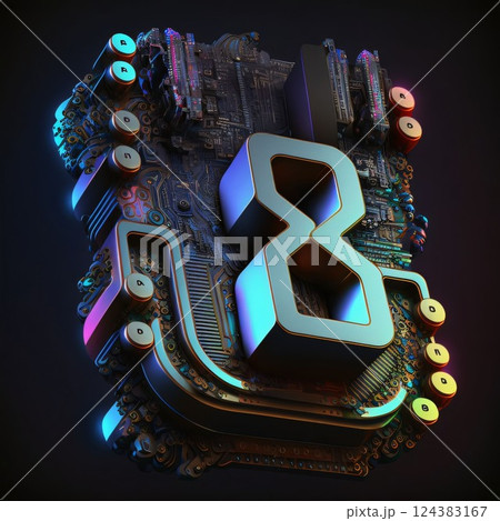 3d illustration of abstract circuit board with metal elements, high tech concept Number 8 124383167