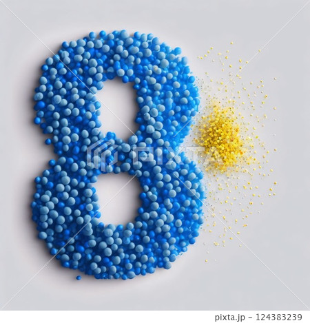 Number 8 made of blue and yellow plastic balls. 3D rendering 124383239