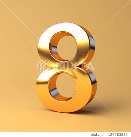 Gold metal number 8 isolated on orange background. 3d rendered font. 124383255