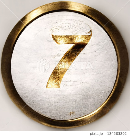 number seven in a gold circle on a white background, 3d render 124383292