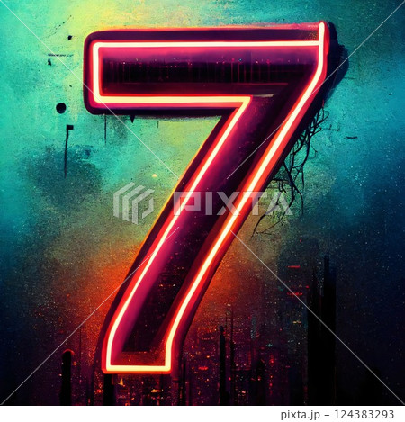Number 7 in neon style with urban background. 3D illustration. 124383293