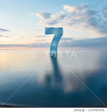 Number 7 made of ice on the sea at sunset. 3D rendering 124383301