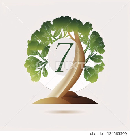Number 7 logo with green leafs on white background. Vector illustration. 124383309