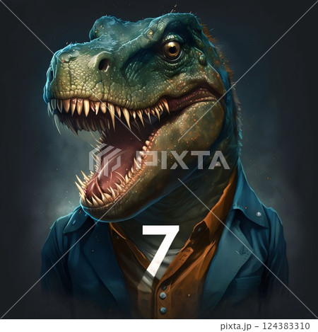Tyrannosaurus rex dinosaur head with number seven on dark background 124383310