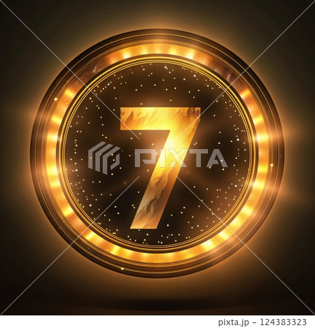 Glowing golden number seven on a dark background. Vector illustration. Glowing golden number seven on a dark background. Vector illustration. 124383323