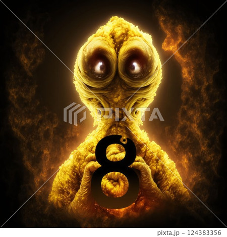 3D rendering of an alien with a question mark in his hand Number 8 3D rendering of an alien with a question mark in his hand Number 8 124383356