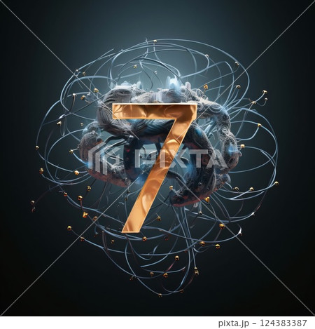 Number 7 made of abstract particles and lines on dark background. 3D rendering 124383387