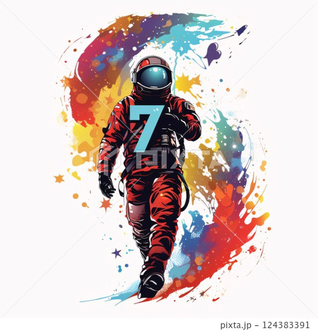 Astronaut in space suit and helmet on colorful splash background. Vector illustration. Astronaut in space suit and helmet on colorful splash background. Vector illustration. 124383391