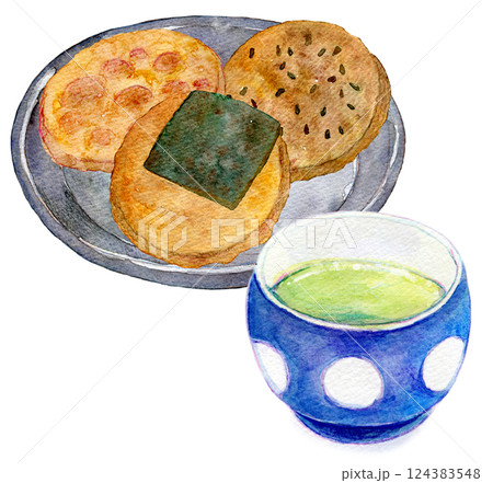 水彩イラスト　お煎餅と緑茶のセット 124383548
