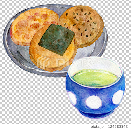 Watercolor illustration: Rice cracker and green tea set 124383548
