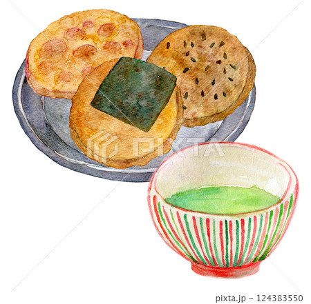 水彩イラスト　お煎餅と緑茶のセット 124383550