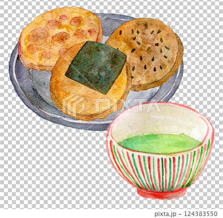 Watercolor illustration: Rice cracker and green tea set 124383550