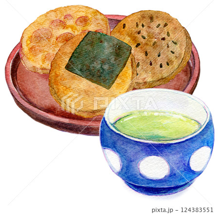 水彩イラスト　お煎餅と緑茶のセット 124383551