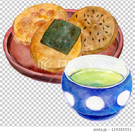 水彩イラスト　お煎餅と緑茶のセット 124383551