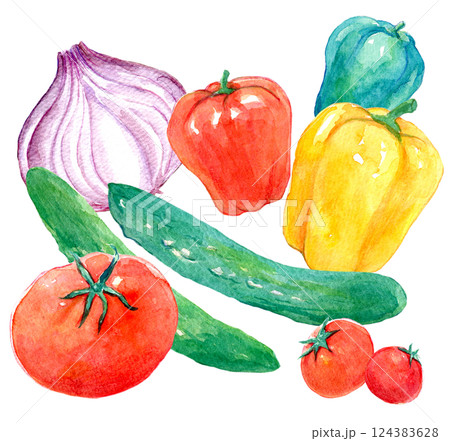 水彩イラスト カラフルな生野菜のセットのイラスト素材 [124383628