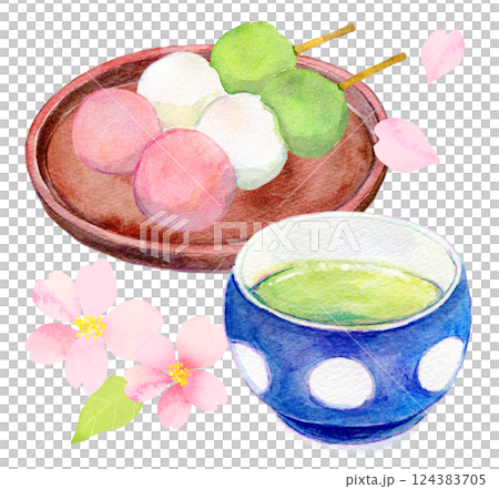 Watercolor illustration: Cherry blossom viewing party for lovers of sweets 124383705