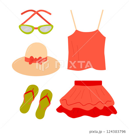 Summer clothing set Vector summertime Trend outfit. Top Slates skirt Glasses Hat. Design for sales banner poster web page advertising printed materials. Summer clothing set Vector summertime Trend outfit. Top Slates skirt Glasses Hat. Design for sales banner poster web page advertising printed materials. 124383796