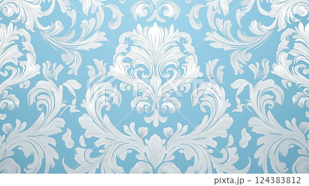 青地に白いダマスク模様 124383812