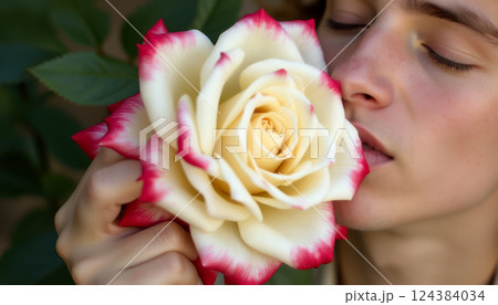 Young caucasian male enjoying the scent of a red-edged white rose. AI generation 124384034