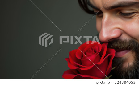 Young caucasian male enjoying the aroma of a red rose. AI generation 124384053