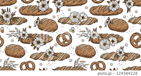 Bakery Bread Pattern Sketch Vintage Flower Loaf Pretzel Background Doodle Patisserie Vector Bakery Bread Pattern Sketch Vintage Flower Loaf Pretzel Background Doodle Patisserie Vector 124384228