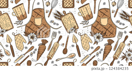 Bakery Kitchen Pattern Sketch Vintage Background Cooking Equipment Apron, Spatula, Glove, Fork and Rolling Pin Doodle Vector 124384235