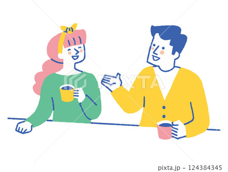 自宅で話しながらコーヒーを飲む夫婦_色 124384345