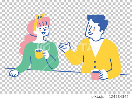 自宅で話しながらコーヒーを飲む夫婦_色 124384345