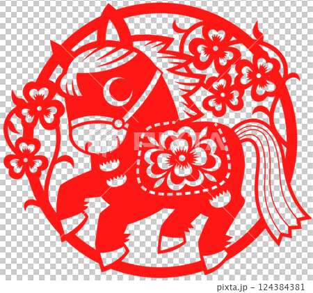 剪紙馬紅色 124384381