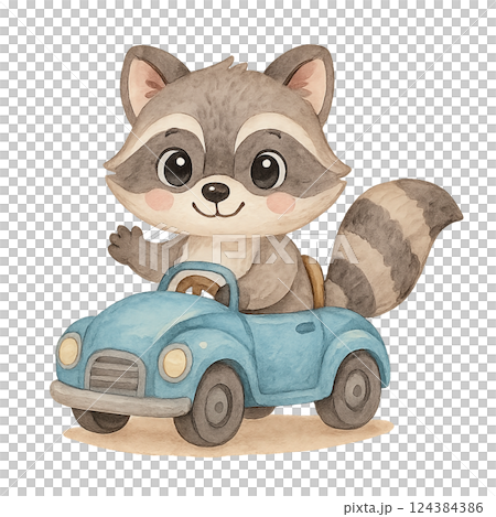 Cute lion driving a green toy car, watercolor cartoon illustration for childrens room decor, greeting cards, posters, nursery prints and playful animal artwork Cute lion driving a green toy car, watercolor cartoon illustration for childrens room decor, greeting cards, posters, nursery prints and playful animal artwork 124384386