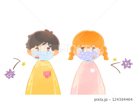 マスクをしてウイルス対策をする子供　男の子と女の子 124384464