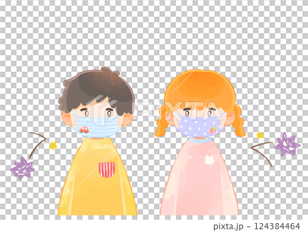 マスクをしてウイルス対策をする子供　男の子と女の子 124384464