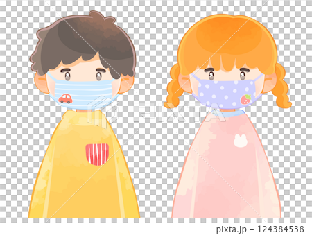 かわいいマスクをした子供　男の子と女の子 124384538