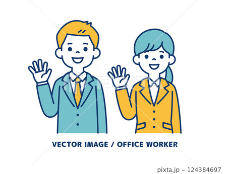 笑顔で手を振る、男女の会社員のシンプルなベクターイラスト素材_線の編集可能 笑顔で手を振る、男女の会社員のシンプルなベクターイラスト素材_線の編集可能 124384697