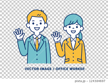男女辦公室職員微笑揮手的簡單向量插圖_可編輯線條 男女辦公室職員微笑揮手的簡單向量插圖_可編輯線條 124384697
