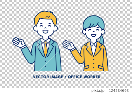男女辦公室職員用手解釋的簡單向量插圖_Line 可編輯 124384698