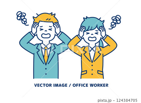 頭を抱えてパニックになる、男女の会社員のシンプルなベクターイラスト素材＿線の編集可能 124384705