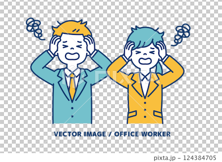 頭を抱えてパニックになる、男女の会社員のシンプルなベクターイラスト素材＿線の編集可能 124384705