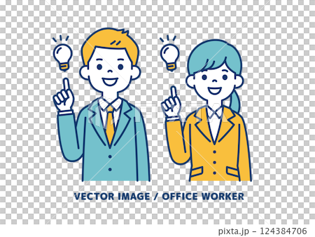 A simple vector illustration of a male and female office worker who has come up with a good idea_Line editable 124384706