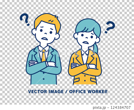 Simple vector illustration of male and female office workers with folded arms and worried faces_Line editable 124384707