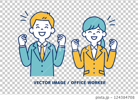 A simple vector illustration of a male and female office worker smiling and raising their fist in the air - line editable A simple vector illustration of a male and female office worker smiling and raising their fist in the air - line editable 124384708
