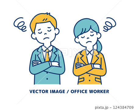 目を閉じて考える、男女の会社員のシンプルなベクターイラスト素材_線の編集可能 目を閉じて考える、男女の会社員のシンプルなベクターイラスト素材_線の編集可能 124384709