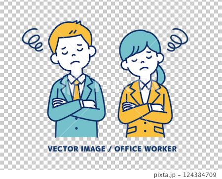 目を閉じて考える、男女の会社員のシンプルなベクターイラスト素材_線の編集可能 目を閉じて考える、男女の会社員のシンプルなベクターイラスト素材_線の編集可能 124384709