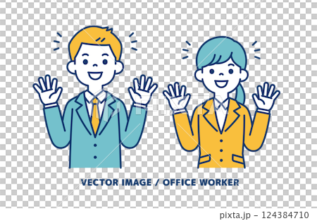 簡單的向量插圖，描繪了男性和女性辦公室職員張開雙臂歡呼雀躍的場景_Line 可編輯 124384710