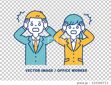 簡單的向量插圖，描繪男性和女性辦公室職員抱頭驚慌失措 124384713