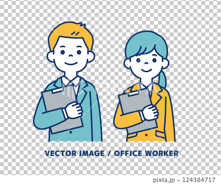 男性和女性辦公室職員持有證件的簡單向量插圖_Line 可編輯 124384717