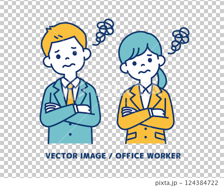 Simple vector illustration of male and female office workers with their arms crossed and in trouble_Line editable Simple vector illustration of male and female office workers with their arms crossed and in trouble_Line editable 124384722