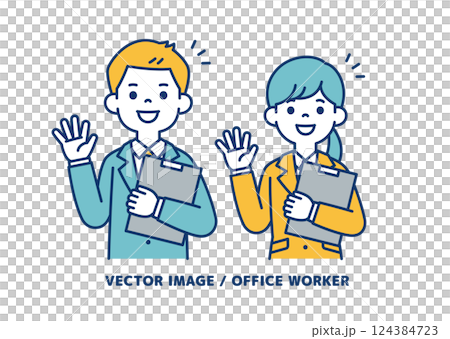 Simple vector illustration of male and female office workers greeting with a file in hand_Line editable Simple vector illustration of male and female office workers greeting with a file in hand_Line editable 124384723
