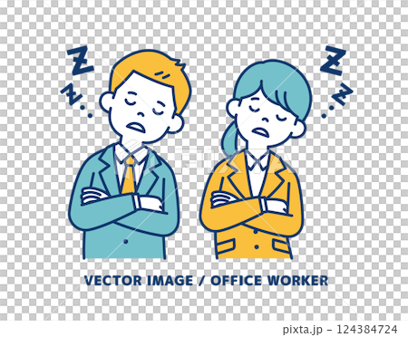 Simple vector illustration of male and female office workers taking a nap with their arms folded_Line editable 124384724