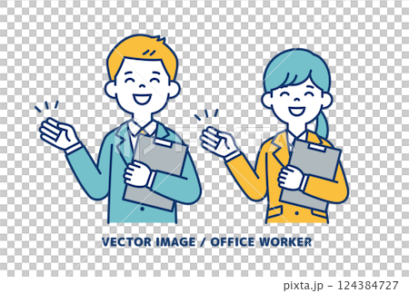資料を片手に案内する、男女の会社員のシンプルなベクターイラスト素材＿線の編集可能 124384727